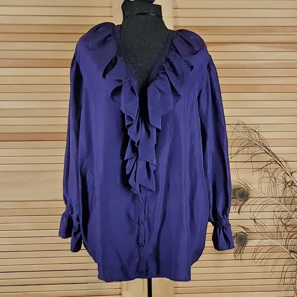 Printed Silk Blouse With Ruffles Elegant Purple Bracelet Sleeves For Women French Inspired Luxurious main image 0